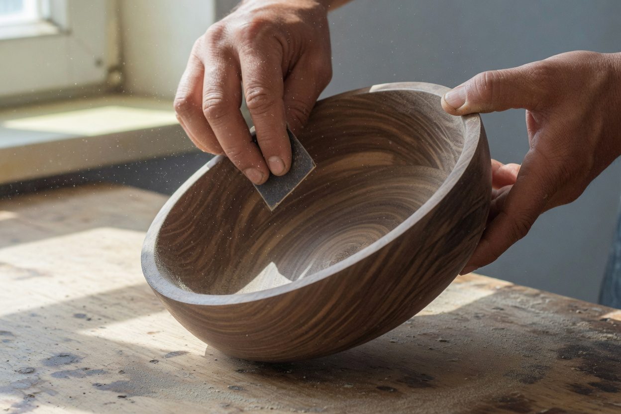 Hands finishing a wooden bowl at a workbench